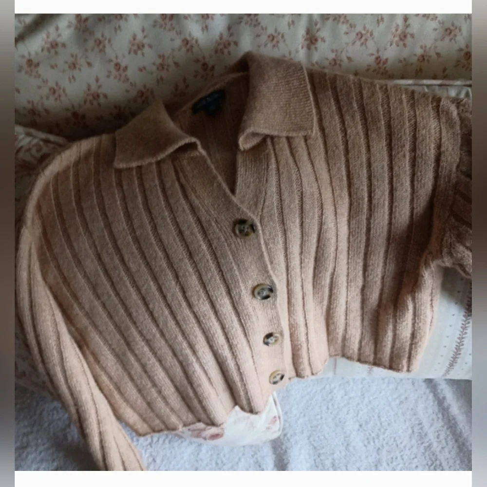 Women's Ribbed Button-Up Sweater - Tan - Picture 1 of 2